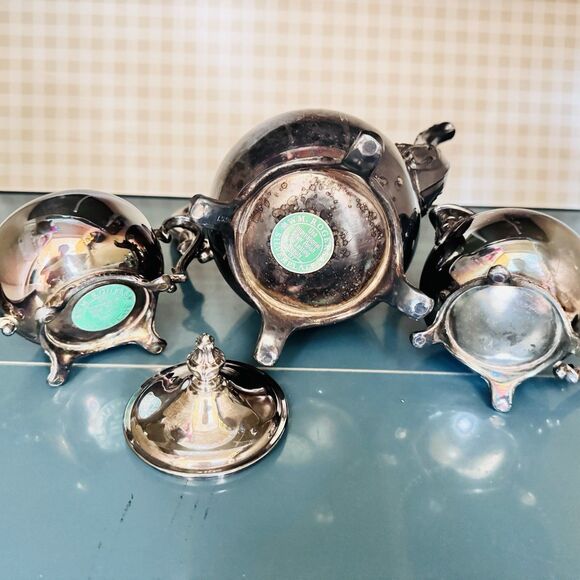 Vintage 3pc Wm Rogers Silverplate Coffee Tea Pot Set Baroque Mid-century Footed - Picture 9 of 16